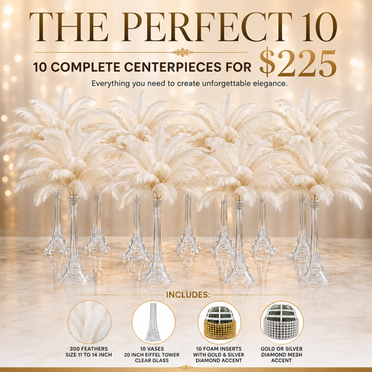 The Perfect 10 Complete Ostrich Feather Centerpiece Kit – 300 Genuine Ostrich Feathers, 20” Clear Glass Eiffel Tower Vases & Foam Inserts | Free Shipping