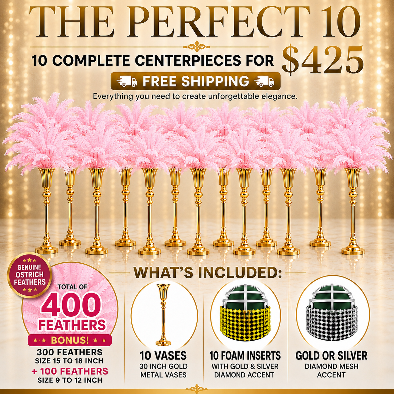 The Perfect 10 – 10 Complete Ostrich Feather Centerpiece Kit | 400 Genuine Ostrich Feathers | 30” Gold Metal Vases | Wedding & Event Party Décor | Free Shipping