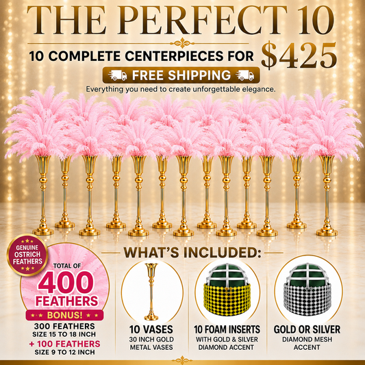 The Perfect 10 – 10 Complete Ostrich Feather Centerpiece Kit | 400 Genuine Ostrich Feathers | 30” Gold Metal Vases | Wedding & Event Party Décor | Free Shipping
