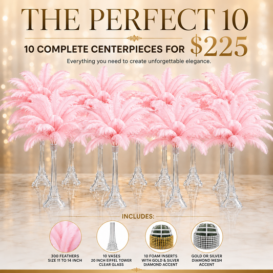 The Perfect 10 Complete Ostrich Feather Centerpiece Kit – 300 Genuine Ostrich Feathers, 20” Clear Glass Eiffel Tower Vases & Foam Inserts | Free Shipping